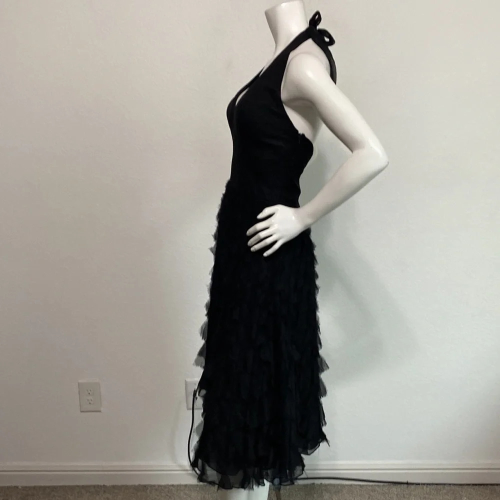 White House Black Market Black Silk Low Cut Ruffle Sleeveless Midi Dress Size M - Picture 3 of 9